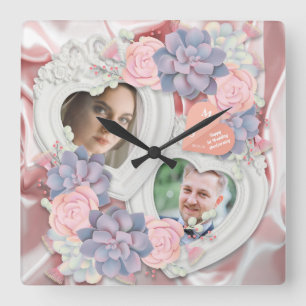 Carrée 1er anniversaire Mariage horloge photo florale Vin
