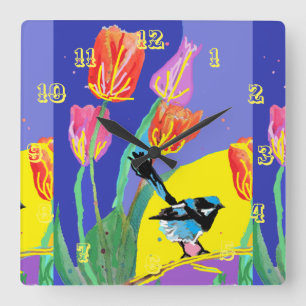 Carrée Aquarelle bleu Wren Oiseaux Enfants Horloge de la