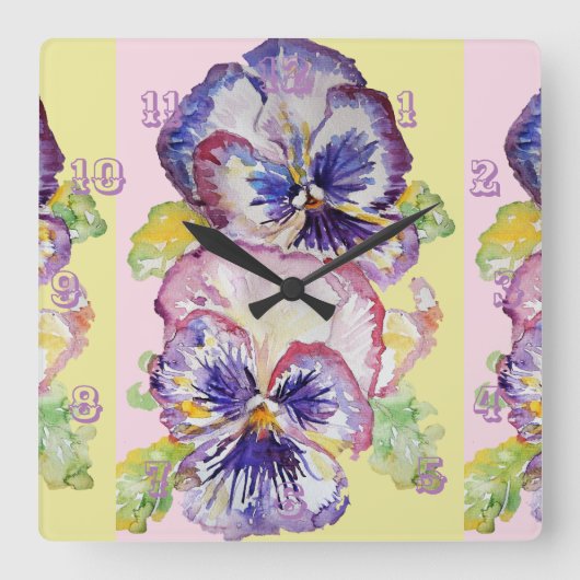 Carrée Aquarelle Pansy Floral Flower Horloge de la chambr (Recto)