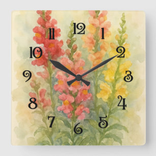 Carrée Aquarelle Peinture des Snapdragons 2 Horloge mural