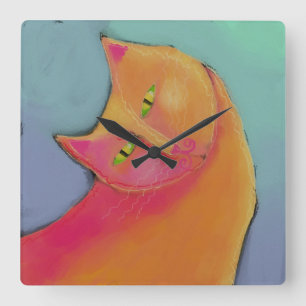 Carrée Belle Chat Orange Abstrait Art Horloge ronde