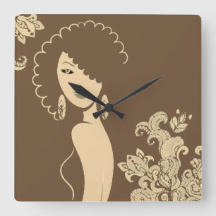 Carrée Belle horloge naturelle des cheveux femme mural