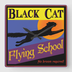 Carrée Black Cat Flying School Horloge d'Halloween