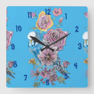 Carrée Bleu Budgie Aquarelle Azure Womes Office Horloge