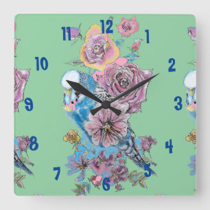 Carrée Bleu Budgie Aquarelle Couleur verte Femme Horloge 