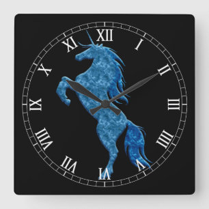Carrée Bleu feu Unicorne Romain numérique Horloge