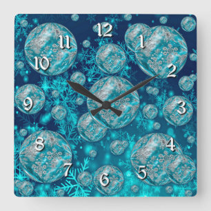 Carrée Bleu gelé Flocon de neige bulles Carré Horloge mur