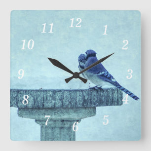 Carrée Bleu Jays hiver Nourriture Painterly Mur Horloge
