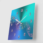 Carrée Blue Green Metallic Rainbow Music Notes Horloge (Angle)