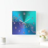 Carrée Blue Green Metallic Rainbow Music Notes Horloge (Maison)