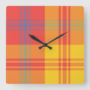 Carrée Bright Rouge Jaune Bleu Plaid Mur Carré Horloge