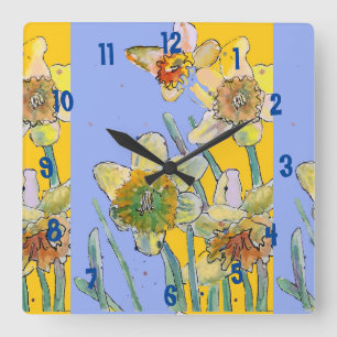 Carrée Cadran jaune femme aquarelle Jonquille Horloge de