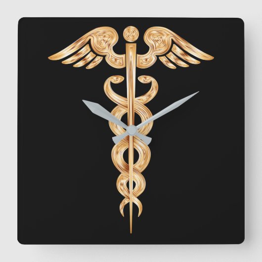 Carrée Caduceus Black and Gold Wall Horloge (Recto)