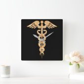 Carrée Caduceus Black and Gold Wall Horloge (Maison)