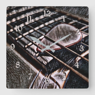 Carrée Chaînes De Guitare En Cuir Carré Horloge Mur