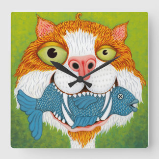 Carrée Chat fou avec horloge au poisson