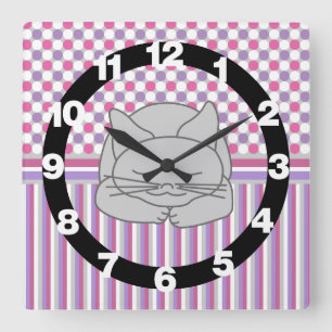 Carrée Chat Gris Dormant Motif Grande horloge