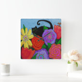 Carrée Chat noir dans le jardin Horloge ronde d'art Abstr (Maison)