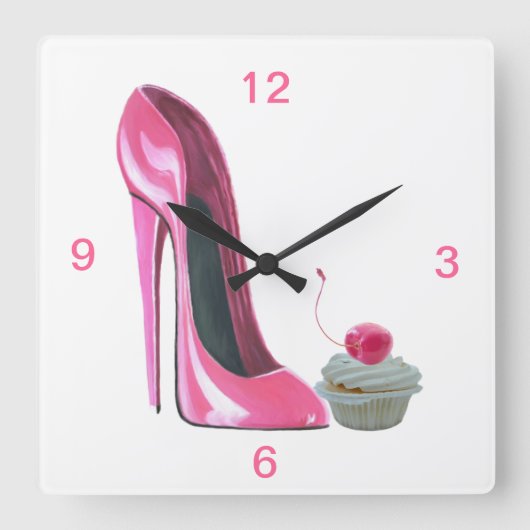 Carrée Chaussure Stiletto Rose et cerise Cupcake Horloge (Recto)