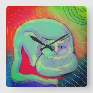 Carrée Colorée Abstraite Peinture Chat Horloge ronde