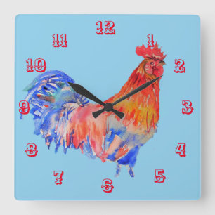 Carrée Coq Aquarelle Poulet Enfants Horloge de la chambre