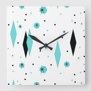 Carrée Diamants turquoise rétro & Starburbs Horloge mural