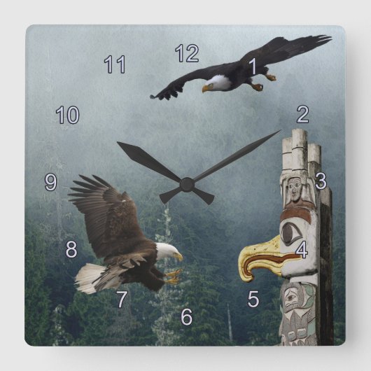 Carrée Eagles, Totem Pole & Forest Imaginaire Art Horloge (Recto)