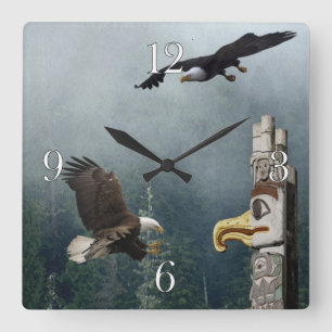 Carrée Eagles, Totem Pole & Forest Imaginaire Art Horloge