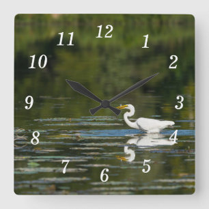 Carrée Egret Poisson Fête Horloge Mur