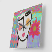 Carrée Femme aux fleurs Funky Art Abstrait Grande horloge (Angle)
