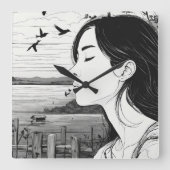Carrée femme observant un oiseau à yeux fermés horloge mu (Recto)