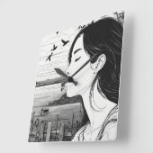 Carrée femme observant un oiseau à yeux fermés horloge mu (Angle)