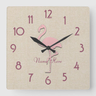 Carrée Funny Flamant rose rose Ajouter un nom Horloge mur