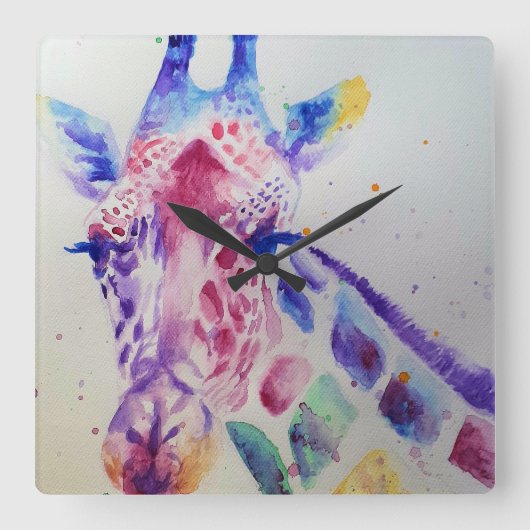 Carrée Giraffe Aquarelle Peinture Art Mur Horloge (Recto)