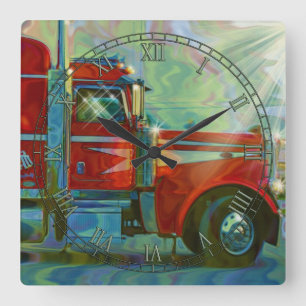 Carrée Heavy Transport Camion Rouge Art Mur Horloge