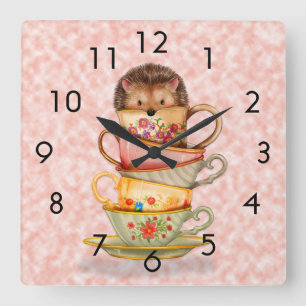 Carrée Hérisson et tasses à thé colorées sur une horloge