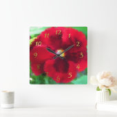 Carrée horloge à fleurs rouges peinte (Maison)