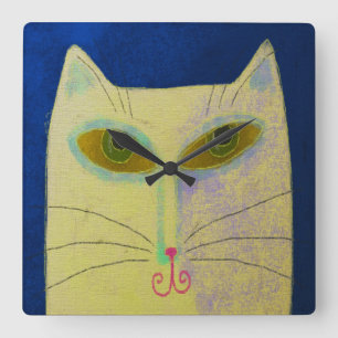 Carrée Horloge Abstraite d'art de Chat Jaune