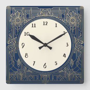 Carrée Horloge Art Déco carré dans Marine Bleu foncé et O