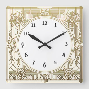 Carrée Horloge Art Déco carré en Crème Blanc et Or