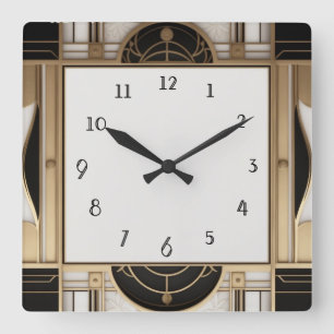 Carrée Horloge Art déco carré en noir blanc et or