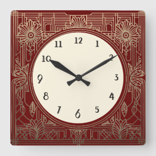 Carrée Horloge Art déco carré en rouge foncé et or