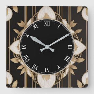 Carrée Horloge Art déco floral foncé en noir blanc et or