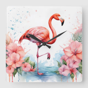 Carrée Horloge avec Flamant rose et Fleurs