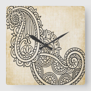 Carrée Horloge beige de motif de Mehndi