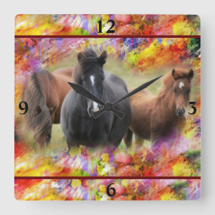 Carrée Horloge Carré colorée des chevaux