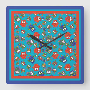 Carrée Horloge Carré des Chouettes, Rouge, Bleu, Vert