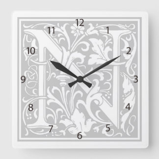 Carrée Horloge Carré William Morris Alphabet "N"