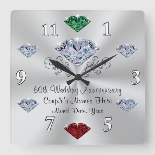 Carrée Horloge d'anniversaire de diamant avec des vos (Recto)