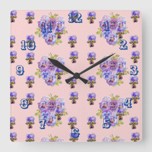 Carrée Horloge d'art floral Shabby Chic Pink Pansies Pens